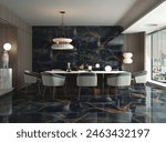 The interior of a luxury kitchen and dining features a white marble countertop, blue marble wall, a ceramic tea set, a few plants, marble floor, and a few other kitchen necessities. 3D Rendering