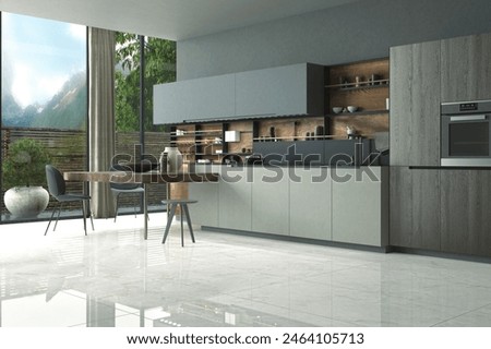 The interior of a luxury kitchen and dining features a grey marble countertop, grey marble wall, a ceramic tea set, a few plants, white marble floor, and a few other kitchen necessities. 3D Rendering