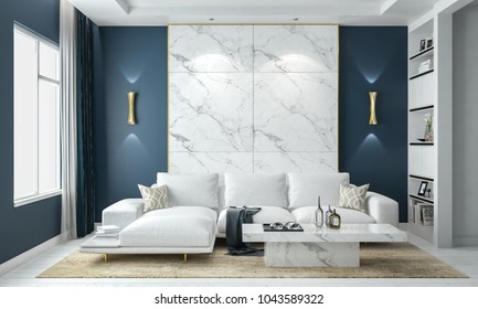 Interior Luxury Modern Style, With Sofa And Blue Wall, Wood Floor, Studio Mock-up, 3D Rendering