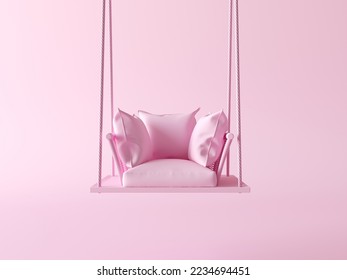 Interior luxury swing chair. Pink rope swing with pillows in monochrome pink isolated on pastel pink. 3d rendering. Creative fashion concept for relax and resting. - Powered by Shutterstock