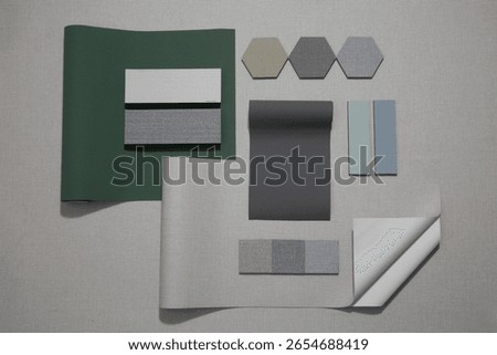 Interior material concept image with wallpaper samples applied to various geometric shapes. Ideal for product presentation, mood boards, material libraries, and architectural design planning.