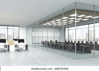 Interior Of Meeting Room With Computers And Large Windows. Concept Of Corporate Work. 3d Rendering, Mock Up