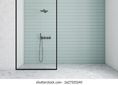 Interior Of Minimalistic Bathroom With White And Blue Tile Walls, Concrete Floor And Comfortable Walk In Shower With Glass Wall. 3d Rendering