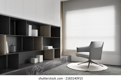 Interior Of Minimalistic Home Office With White Walls,black Bookcase,armchair Near Window Natural Light. 3D Illustration