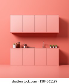 Interior Of Minimalistic Kitchen With Pink Walls And Floor, Pink Countertops With Built In Sink And Stove And Cabinets Above Them. 3d Rendering