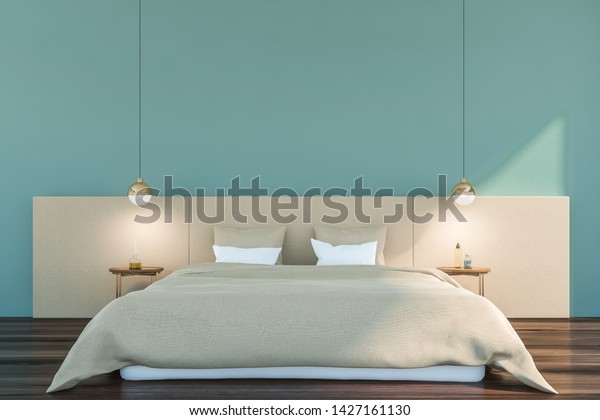 Interior Minimalistic Master Bedroom Blue Walls Stock