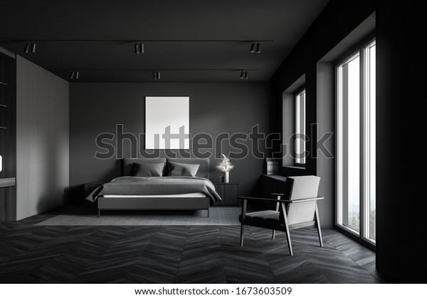 Interior Minimalistic Master Bedroom Grey Walls Stock Illustration 1673603509