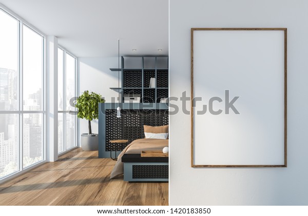 Interior Minimalistic Master Bedroom White Walls Stock