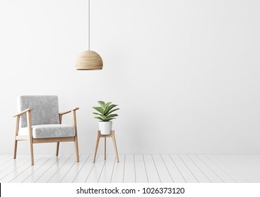 Interior Mock Up With Gray Velvet Armchair, Plant In Pot, And Hanging Lamp In Living Room With White Wall. 3D Rendering.