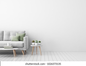 Interior Mock Up With Gray Velvet Sofa, Green Pillows, Coffee Table And Succulents In Living Room With White Wall. 3D Rendering.