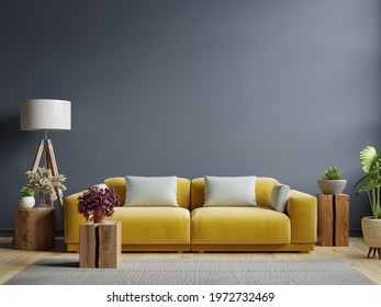 Interior Mockup Dark Blue Wall With Yellow Sofa And Decor In Living Room,3D Rendering