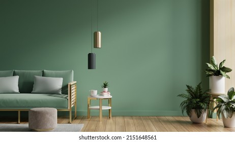 Interior Mockup Green Wall With Green Sofa And Decor In Living Room.3d Rendering 