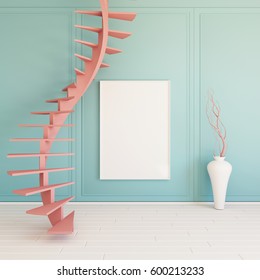 Interior mockup illustration with pink spiral staircase, 3d render, mint wall with blank board