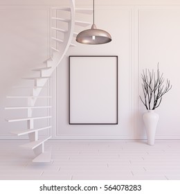 Interior mockup illustration with spiral staircase, 3d render, white wall with blank board