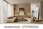 Interior mockup with vertical blank frame for art display in a bright living room featuring contemporary furniture, neutral beige tones and natural light from windows. 3D illustration