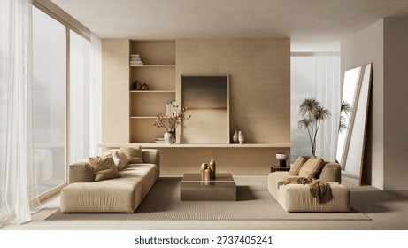 Interior mockup with vertical blank frame for art display in a bright living room featuring contemporary furniture, neutral beige tones and natural light from windows. 3D illustration