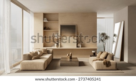 Interior mockup with vertical blank frame for art display in a bright living room featuring contemporary furniture, neutral beige tones and natural light from windows. 3D illustration
