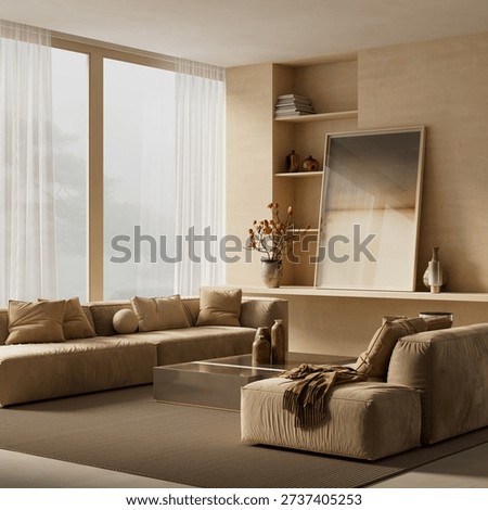 Interior mockup with vertical blank frame for art display in a bright living room featuring contemporary furniture, neutral beige tones and natural light from windows. 3D illustration