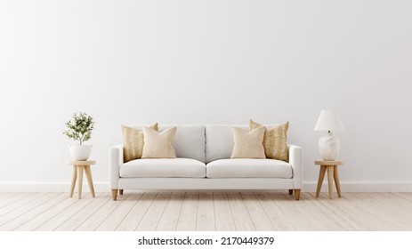 Interior Mockup With White Sofa, Beige Pillows And Traditional Decoration On Empty Living Room Wall Background. 3D Rendering, Illustration