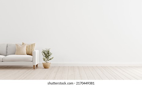 Interior Mockup With White Sofa, Beige Pillows And Small Olive Tree In Pot On Empty Living Room Wall Background. 3D Rendering, Illustration. 