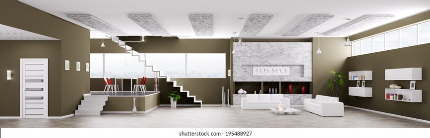 Interior of modern apartment living dining room hall  panorama 3d render