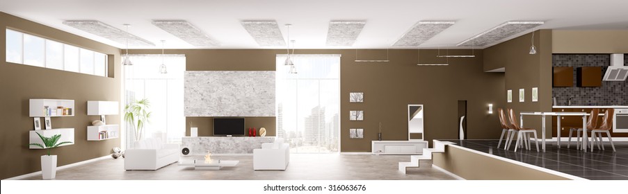 Interior of modern apartment living room hall kitchen panorama 3d render