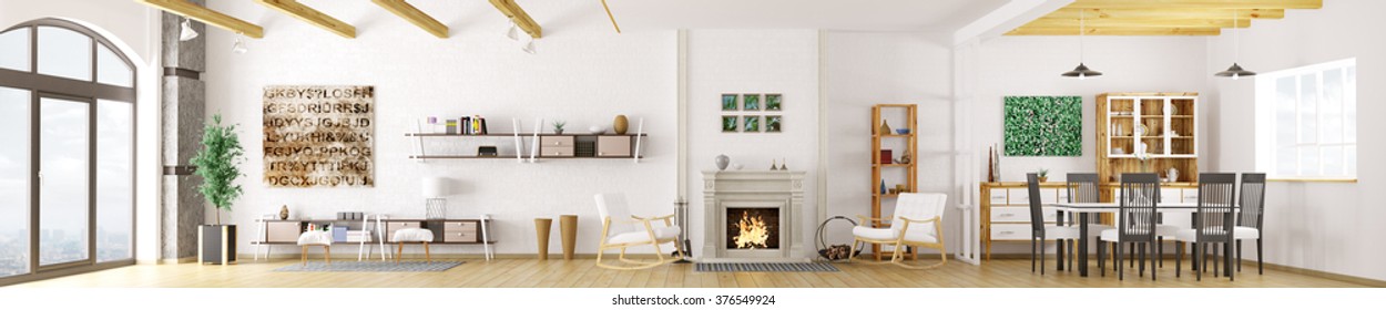 Interior of modern apartment, living room, dining room, lounge area with fireplace, panorama 3d rendering