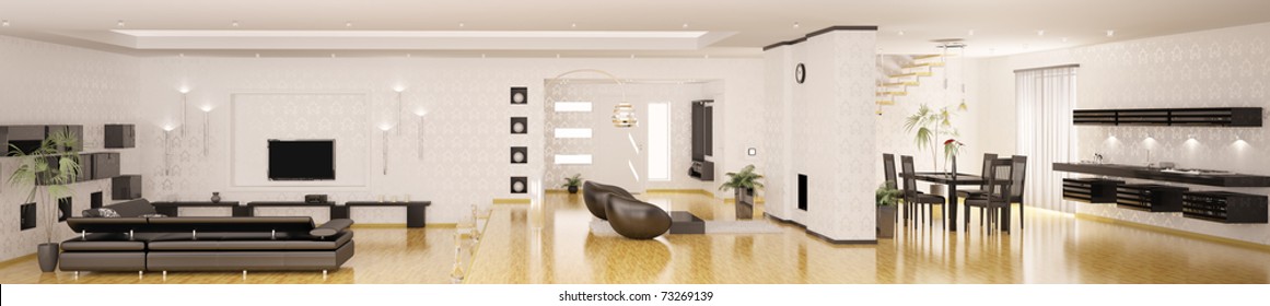 Interior of modern apartment living room kitchen hall panorama 3d render