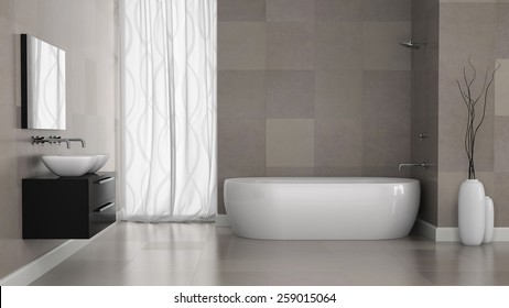 Interior of modern bathroom with grey tiles wall 3D rendering