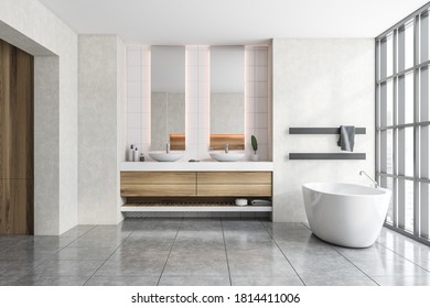 Interior of modern bathroom with white walls, tiled floor, comfortable bathtub and double sink. 3d rendering