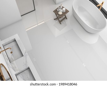 Interior Of Modern Bathroom With White Walls, Wood And Glossy Floor, Marble Double Sink With Two Mirrors Above It And Comfortable White Bathtub. Large Window. Top View. 3d Rendering