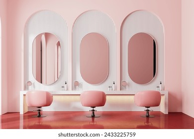 Interior of modern beauty salon with pink walls, red floor, comfortable pink armchairs and oval mirrors hanging in front of them. 3d rendering - Powered by Shutterstock