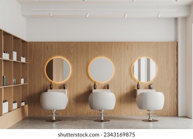 Interior of modern beauty salon with white and wooden walls, concrete floor, row of white chairs with round mirrors and shelves with beauty products. 3d rendering - Powered by Shutterstock