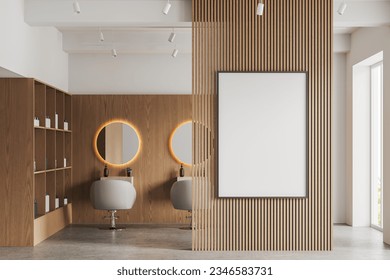 Interior of modern beauty salon with white and wooden walls, concrete floor, row of white chairs with round mirrors and shelves with beauty products. Vertical mock up poster. 3d rendering