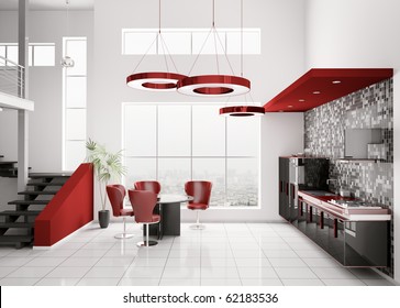 Interior Of Modern Black White Red Kitchen 3d Render