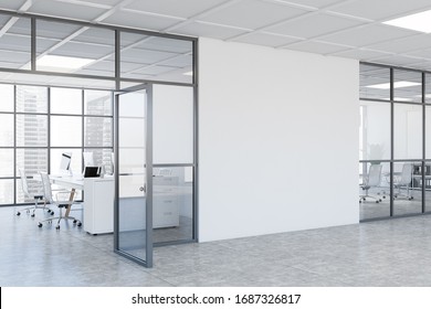 Interior of modern business center hall with white and glass walls, concrete floor, open space office and conference room. Mock up wall between them. 3d rendering