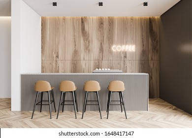 Interior Of Modern Coffee Shop With White And Wooden Walls, Wooden Floor, Gray Bar Counter With Stools And Glowing Neon Sign. 3d Rendering