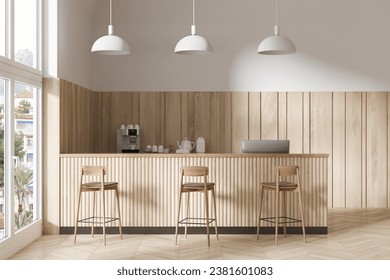Interior of modern coffee shop with white and wooden walls, wooden floor, cozy bar counter with stools and coffee machine near the wall. 3d rendering