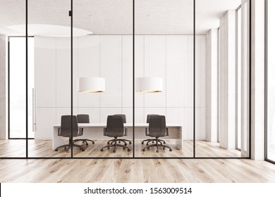 Interior Of Modern Conference Room With White And Glass Walls, Wooden Floor And Long White Table With Gray Chairs And Massive Lamps Above It. 3d Rendering