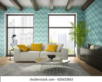 Interior Of Modern Design Room With Blue Wallpaper 3D Rendering 