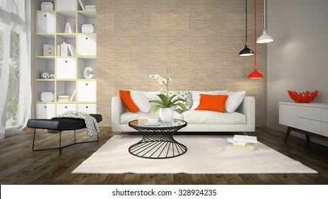 Interior Of Modern Design Room With Cork Wall 3D Rendering