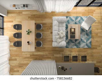 Interior Modern Design Room Top View 3D Illustration