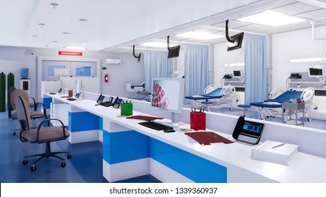 Interior Of Modern Emergency Room With Empty Nurses Station, Hospital Beds And Various Medical Equipment. With No People 3D Illustration On Health Care Theme From My Own 3D Rendering File.