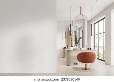 Interior of modern hairdresser salon with white walls, concrete floor, two hairdresser tables with orange client chairs and big mirrors and copy space wall on the left. 3d rendering - Powered by Shutterstock