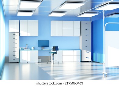 Interior Of Modern Hospital. Doctors Office Without Anyone. Spacious Doctors Office Visualization. Hospital Interior With Furniture Near Wall. Hospital Room With Blue Walls. 3d Rendering.