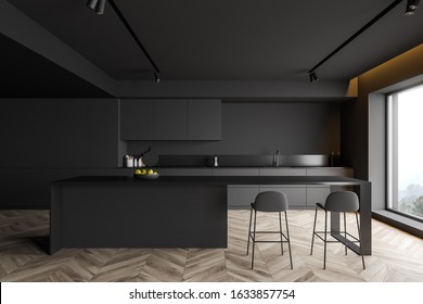 Interior Of Modern Kitchen With Dark Gray Walls, Grey Countertops, Cozy Bar With Stools And Window With Nice Scenery. 3d Rendering