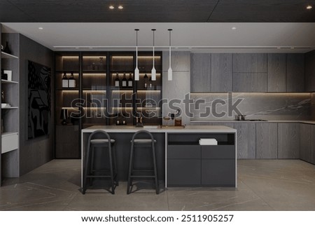 interior of a modern kitchen featuring a breakfast table with stools