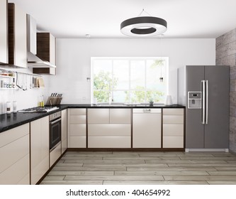 Interior Of Modern Kitchen, Fridge,dishwasher,oven 3d Rendering