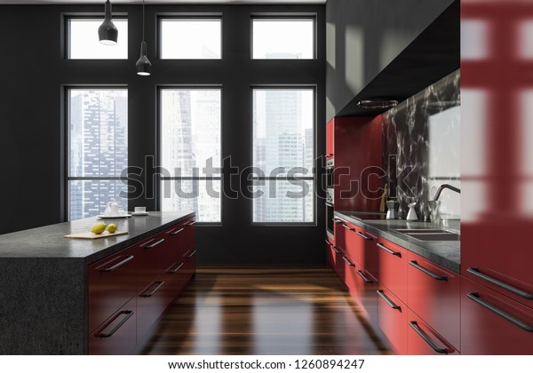 Interior Modern Kitchen Gray Black Marble Stock Illustration