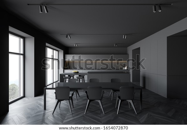 Interior Modern Kitchen Grey Walls Dark Stock Illustration 1654072870